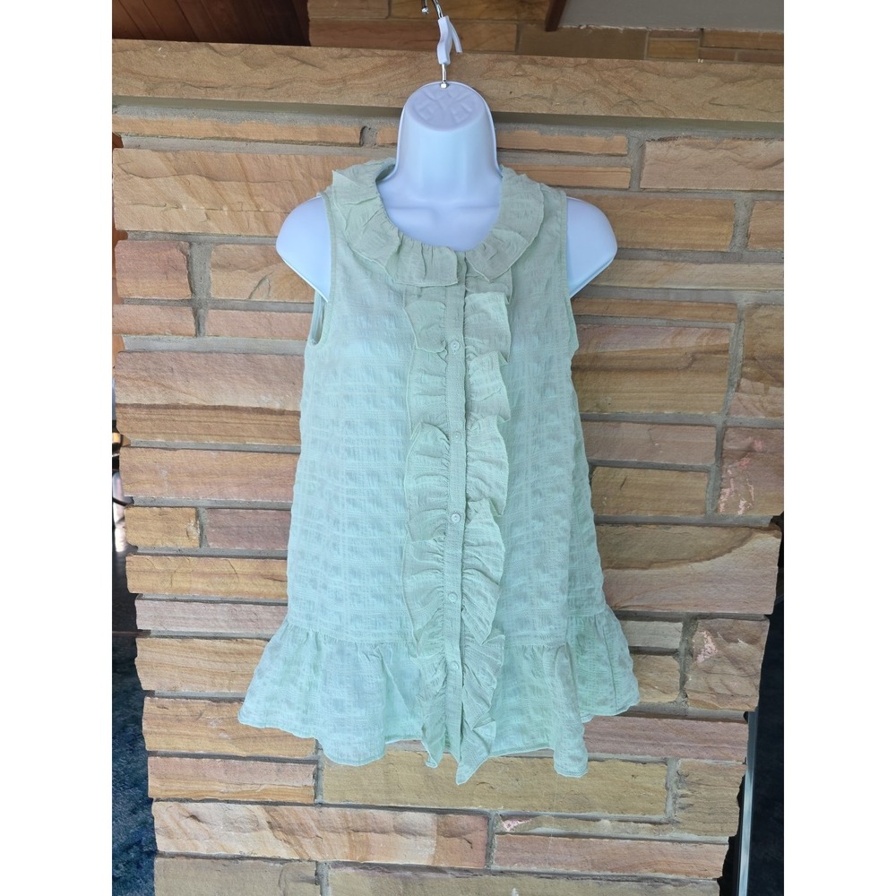 Sleeveless Mint Green Spring Summer Top Button Up  With Ruffle  Doe & Rae Size S